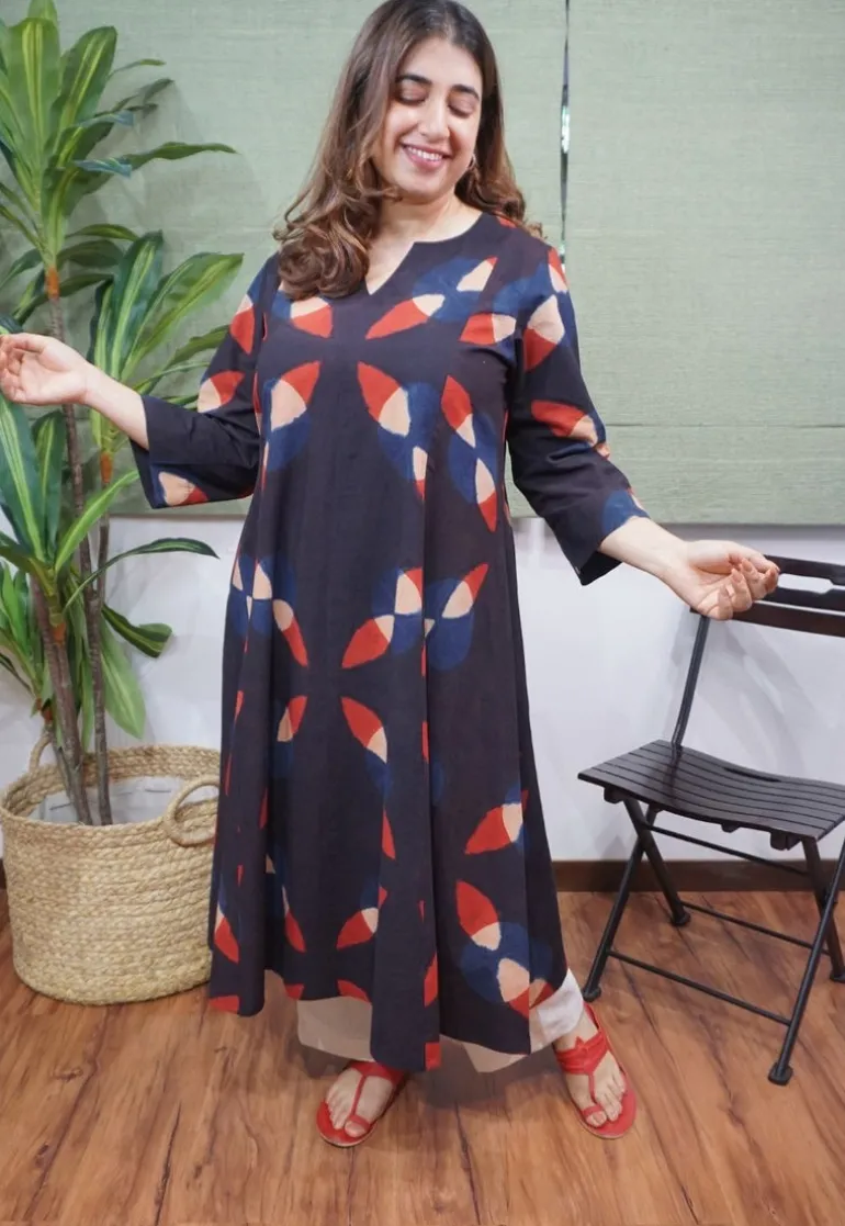 Black Clamp Dyed Cotton Kali Kurta