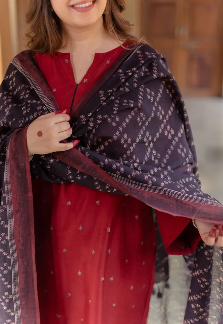 Black Floral Line Ajrakh Chanderi Silk Dupatta