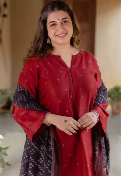Black Floral Line Ajrakh Chanderi Silk Dupatta