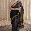 Black Linen Golden Zari Border Saree with Mukaish Detailing