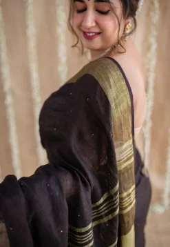 Black Linen Golden Zari Border Saree with Mukaish Detailing
