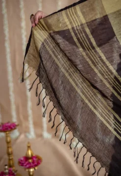 Black Linen Golden Zari Border Saree with Mukaish Detailing