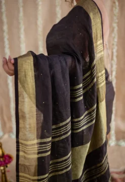 Black Linen Golden Zari Border Saree with Mukaish Detailing