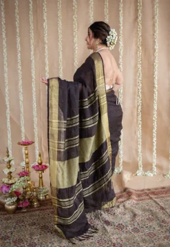 Black Linen Golden Zari Border Saree with Mukaish Detailing