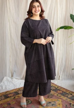Bombay Charcoal Ajrakh Cotton Loose Kurta with Hand Embroidery