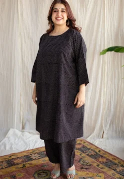 Bombay Charcoal Ajrakh Cotton Loose Kurta with Hand Embroidery