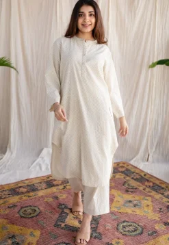 Bombay Off White Ajrakh Cotton Loose Kurta with Hand Embroidery