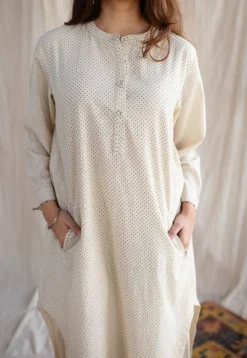 Bombay Off White Ajrakh Cotton Loose Kurta with Hand Embroidery