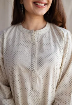 Bombay Off White Ajrakh Cotton Loose Kurta with Hand Embroidery