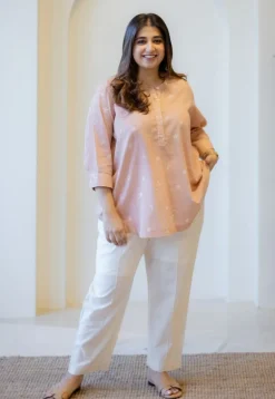 Daisy Peach Hand Block Print Slub Cotton A Line Short Top with Hand Embroidery