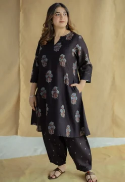 Daksha Black Ajrakh Chanderi Silk A Line Kurta with Hand Embroidery