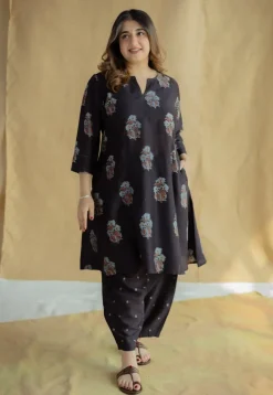 Daksha Black Ajrakh Chanderi Silk A Line Kurta with Hand Embroidery