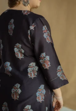 Daksha Black Ajrakh Chanderi Silk A Line Kurta with Hand Embroidery