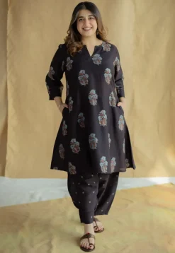 Daksha Black Ajrakh Chanderi Silk A Line Kurta with Hand Embroidery
