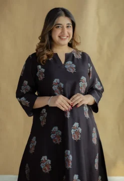 Daksha Black Ajrakh Chanderi Silk A Line Kurta with Hand Embroidery