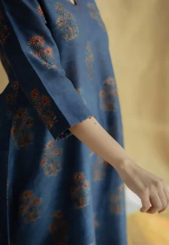Daksha Dark Indigo Ajrakh Chanderi Silk A Line Kurta with Hand Embroidery