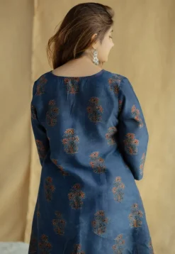 Daksha Dark Indigo Ajrakh Chanderi Silk A Line Kurta with Hand Embroidery