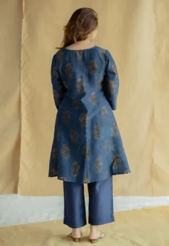 Daksha Dark Indigo Ajrakh Chanderi Silk A Line Kurta with Hand Embroidery