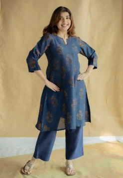 Daksha Dark Indigo Ajrakh Chanderi Silk A Line Kurta with Hand Embroidery