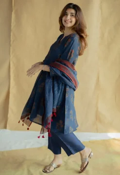 Daksha Dark Indigo Ajrakh Chanderi Silk A Line Kurta with Hand Embroidery