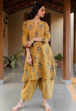Daksha Mustard Ajrakh Chanderi Silk A Line Kurta with Hand Embroidery