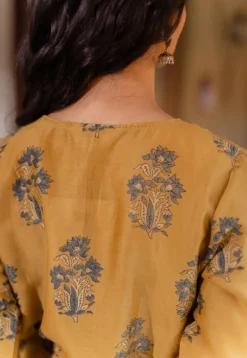 Daksha Mustard Ajrakh Chanderi Silk A Line Kurta with Hand Embroidery