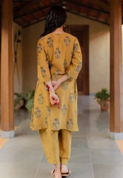 Daksha Mustard Ajrakh Chanderi Silk A Line Kurta with Hand Embroidery