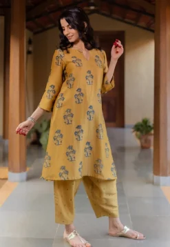 Daksha Mustard Ajrakh Chanderi Silk A Line Kurta with Hand Embroidery