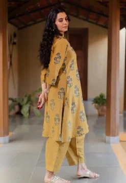Daksha Mustard Ajrakh Chanderi Silk A Line Kurta with Hand Embroidery