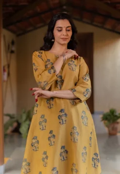 Daksha Mustard Ajrakh Chanderi Silk A Line Kurta with Hand Embroidery