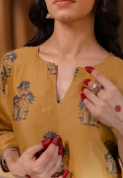 Daksha Mustard Ajrakh Chanderi Silk A Line Kurta with Hand Embroidery