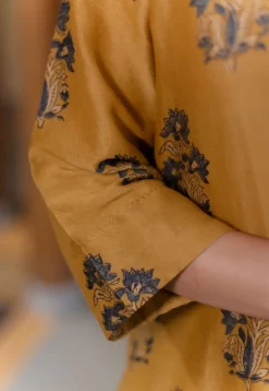 Daksha Mustard Ajrakh Chanderi Silk A Line Kurta with Hand Embroidery