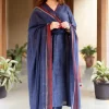 Dark Indigo Ajrakh Chanderi Silk Dupatta with Embroidery