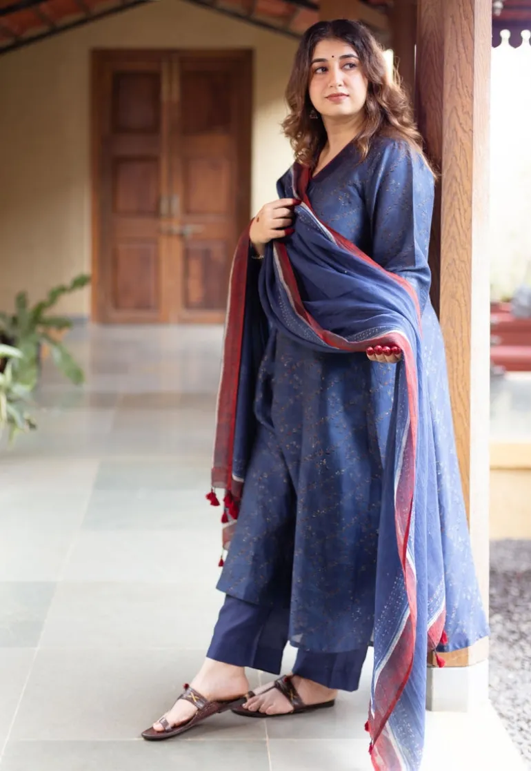 Dark Indigo Ajrakh Chanderi Silk Dupatta with Embroidery