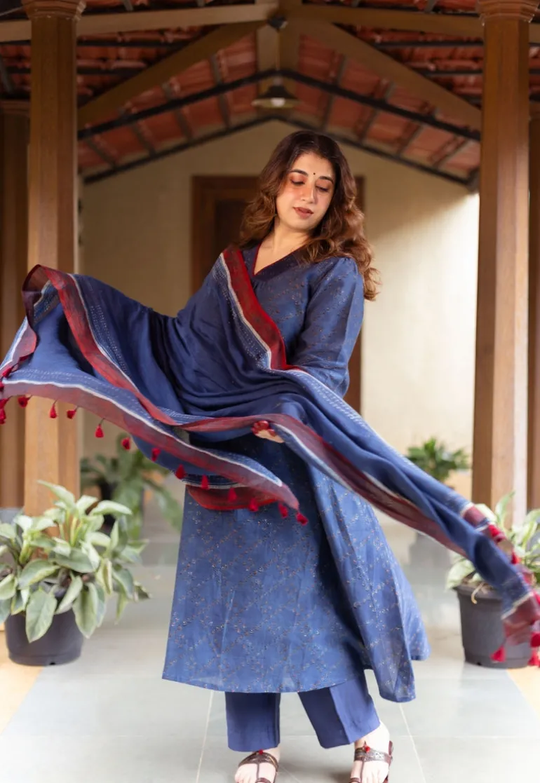 Dark Indigo Ajrakh Chanderi Silk Dupatta with Embroidery