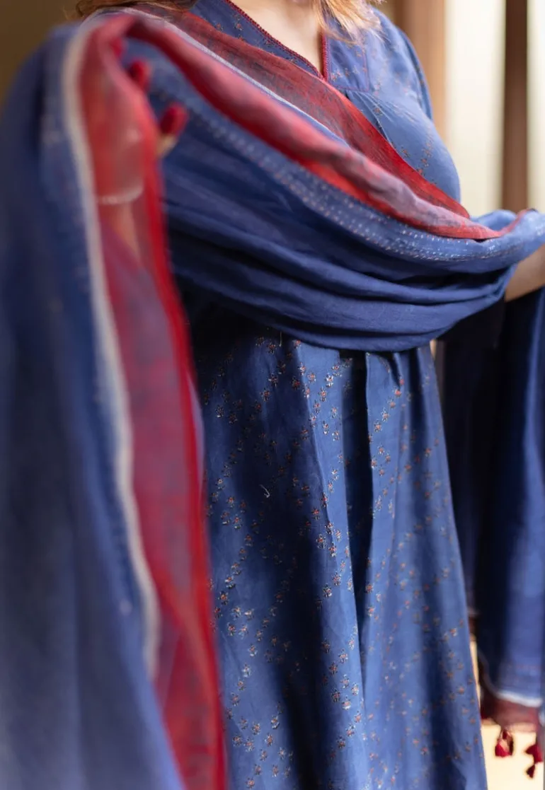Dark Indigo Ajrakh Chanderi Silk Dupatta with Embroidery