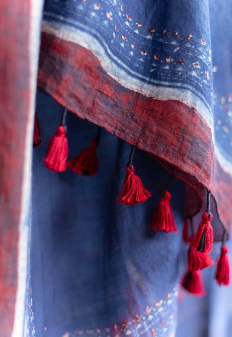 Dark Indigo Ajrakh Chanderi Silk Dupatta with Embroidery