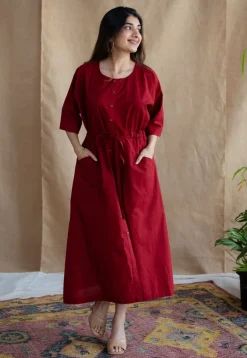 Deepti Maroon Solid Cotton Loose Dress