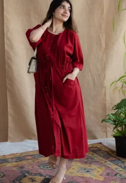 Deepti Maroon Solid Cotton Loose Dress