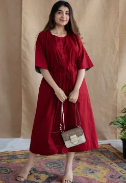Deepti Maroon Solid Cotton Loose Dress