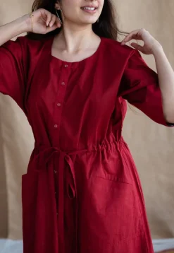 Deepti Maroon Solid Cotton Loose Dress