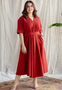 Dhvija Red Ajrakh Cotton A Line Dress with Hand Embroidery