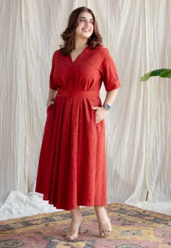 Dhvija Red Ajrakh Cotton A Line Dress with Hand Embroidery