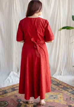 Dhvija Red Ajrakh Cotton A Line Dress with Hand Embroidery