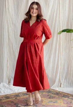 Dhvija Red Ajrakh Cotton A Line Dress with Hand Embroidery