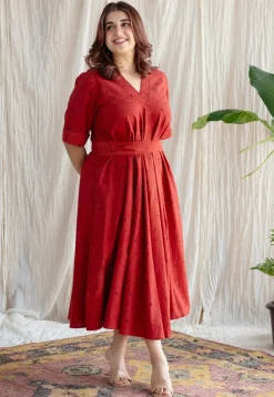 Dhvija Red Ajrakh Cotton A Line Dress with Hand Embroidery