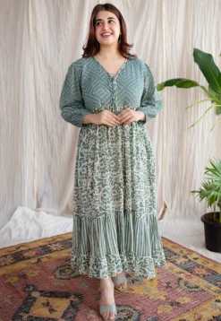 Divisha Green Batik MulMul Cotton A Line Dress with Slip