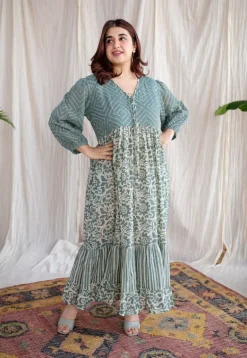 Divisha Green Batik MulMul Cotton A Line Dress with Slip