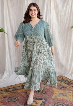 Divisha Green Batik MulMul Cotton A Line Dress with Slip