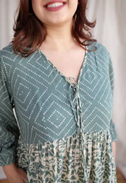 Divisha Green Batik MulMul Cotton A Line Dress with Slip